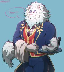 Rule 34 | 1boy, animal ears, bara, blue suit, butler, feet out of frame, furry, furry male, holding, holding tray, lion boy, lion ears, looking at viewer, male focus, medium hair, muscular, muscular male, necktie, pectorals, shochu (knktru777), smile, snow (housamo), solo, suit, tokyo houkago summoners, tray, white hair
