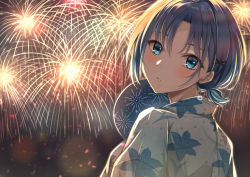 Rule 34 | 1girl, aqua eyes, asakura toru, blush, earrings, firework background, fireworks, floral print, hair ornament, hair tie, hand fan, highres, holding, holding fan, idolmaster, idolmaster shiny colors, japanese clothes, jewelry, kimono, looking at viewer, looking back, multicolored hair, night, outdoors, parted bangs, parted lips, ponytail, short hair, solo, two-tone hair, upper body, x hair ornament, yukata, yuzuyu (hyui)