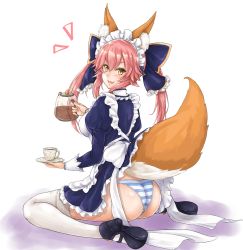 Rule 34 | 10s, 1girl, alternate costume, animal ears, apron, artist request, ass, blush, braid, breasts, coffee, coffee cup, cup, disposable cup, dress, enmaided, fang, fate/extra, fate (series), fox ears, fox tail, hair ribbon, highres, large breasts, looking at viewer, looking back, maid, maid apron, maid headdress, open mouth, panties, pantyshot, pink hair, ribbon, seiza, simple background, sitting, solo, striped clothes, striped panties, tail, tamamo (fate), tamamo no mae (fate/extra), thighhighs, underwear, waist apron, wariza, white background, white thighhighs, wrist cuffs, yellow eyes