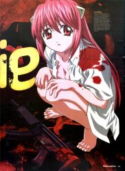 Rule 34 | 00s, 1girl, barefoot, blood, breasts, cleavage, elfen lied, feet, gun, h&amp;k mp5, h&amp;k mp5k, heckler &amp; koch, highres, horns, kaede (character), long hair, lucy (elfen lied), machine gun, medium breasts, newtype, nyuu, open clothes, open mouth, open shirt, pink hair, red eyes, rifle, scan, shirt, solo, squatting, submachine gun, very long hair, weapon