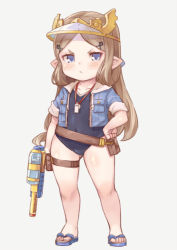 Rule 34 | 1girl, blue eyes, blue jacket, blush, brown hair, cropped legs, ear blush, female focus, flip-flops, full body, granblue fantasy, hair ornament, hairclip, harvin, holding, holding water gun, jacket, jingai modoki, long hair, looking at viewer, milleore, one-piece swimsuit, open clothes, open jacket, pointy ears, sandals, solo, standing, swimsuit, thigh strap, visor cap, water gun, whistle