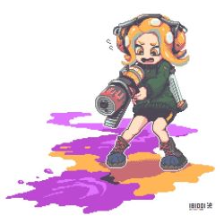 Rule 34 | 1girl, :o, black footwear, boots, cross-laced footwear, dated, full body, green sweater, gun, headphones, holding, holding gun, holding weapon, inunoya, lace-up boots, nintendo, octoling, octoling girl, octoling player character, orange eyes, orange hair, paint, pixel art, simple background, solo, splatoon (series), standing, sweater, tentacle hair, weapon, white background