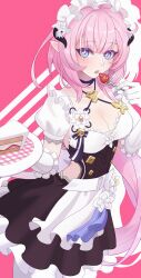 Rule 34 | 1girl, apron, black choker, black dress, blue eyes, breasts, cake, cake slice, choker, cleavage, commentary, dress, drop shadow, elbow gloves, elysia (honkai impact), flower, food, fork, frilled dress, frilled gloves, frills, fruit, gloves, highres, holding, holding fork, honkai (series), honkai impact 3rd, horns, huangdou (soybean 01), long hair, looking at viewer, medium breasts, pantyhose, parted lips, pink background, pink hair, plate, pointy ears, solo, strawberry, strawberry shortcake, two-tone background, very long hair, white apron, white background, white flower, white pantyhose