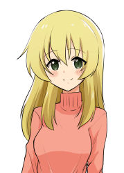 Rule 34 | 1girl, blonde hair, carpaccio (girls und panzer), casual, closed mouth, commentary, girls und panzer, green eyes, long hair, long sleeves, looking at viewer, nasunael, pink sweater, simple background, smile, solo, sweater, turtleneck, upper body, white background