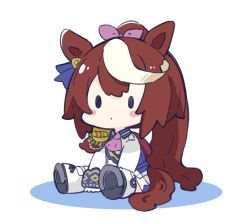 Rule 34 | 1girl, animal ears, ascot, between legs, blush stickers, boots, brown hair, chibi, closed mouth, colored shadow, commentary request, epaulettes, full body, gloves, hair ribbon, hand between legs, highres, horse ears, horse girl, horse tail, jacket, long hair, long sleeves, multicolored hair, nozo (hitomiz), pink ascot, pink ribbon, pleated skirt, ponytail, ribbon, shadow, simple background, single epaulette, sitting, skirt, sleeves past wrists, solid oval eyes, solo, streaked hair, tail, tokai teio (umamusume), umamusume, very long hair, white background, white footwear, white gloves, white hair, white jacket, white skirt