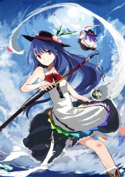 Rule 34 | 2girls, adapted costume, apron, bird, black hat, blouse, blue dress, blue hair, bow, brown footwear, cloud, cloudy sky, dress, food, fruit, hat, hinanawi tenshi, holding, holding weapon, long hair, looking at viewer, multiple girls, nagae iku, peach, rainbow gradient, rainbow order, red bow, red eyes, seagull, shirt, shoes, sketch, sky, sleeveless, sleeveless dress, smile, sword of hisou, tetsurou (fe+), touhou, weapon, white shirt, wing collar