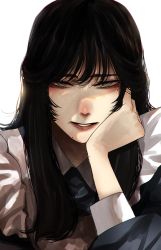 Rule 34 | 1girl, black hair, dress, grey eyes, hair between eyes, highres, hoshi san 3, long hair, long sleeves, looking at viewer, mole, mole under eye, mole under mouth, original, parted lips, simple background, white background