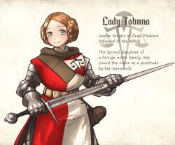 Rule 34 | 1girl, armor, balance scale print, belt, blonde hair, braid, couter, english text, gambeson, gauntlets, half-swording, highres, holding, ironlily, lady johnna (ironlily), looking at viewer, medieval, ordo mediare sisters (ironlily), scabbard, sheath, sword, weapon, yellow eyes