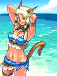 Rule 34 | 1girl, animal ears, armpits, arms behind head, arms up, beach, bikini, blonde hair, blue eyes, blue sky, breasts, cat ears, cat girl, cat tail, cleavage, closed mouth, cloud, cowboy shot, day, female focus, final fantasy, final fantasy xi, groin, hair tubes, medium breasts, mithra (ff11), navel, no eyebrows, ocean, outdoors, short hair, sky, smile, solo, swimsuit, tail, tail raised, water, yuccoshi