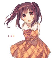 Rule 34 | 1girl, :d, arms behind back, blush, brown dress, brown eyes, brown hair, collarbone, commentary request, dress, head tilt, idolmaster, idolmaster cinderella girls, long sleeves, looking at viewer, minamiya mia, ogata chieri, open mouth, plaid, plaid dress, shirt, sidelocks, simple background, smile, solo, twintails, unmoving pattern, white background, white shirt