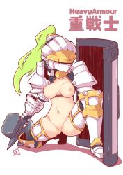 Rule 34 | 1girl, armor, armored boots, axe, boots, breasts, collarbone, full body, gauntlets, green hair, groin, helm, helmet, high ponytail, holding, holding axe, holding weapon, long hair, medium breasts, navel, nipples, on one knee, original, pauldrons, ponytail, pussy, reku, reverse outfit, shadow, shield, shoulder armor, solo, uncensored, weapon, white background