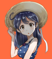 Rule 34 | 1girl, ahoge, akito (pixiv3623507), alternate costume, arm at side, arm up, bad id, bad pixiv id, bare arms, bare shoulders, blue hair, blush, breasts, brown eyes, collarbone, from side, hand on headwear, hat, kantai collection, long hair, looking at viewer, medium breasts, open mouth, orange background, polka dot, polka dot swimsuit, purple ribbon, ribbon, sidelocks, solo, straw hat, swimsuit, upper body, ushio (kancolle)