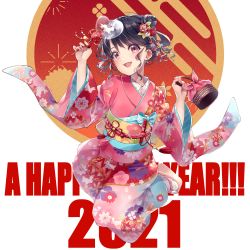 Rule 34 | 1girl, 2021, absurdres, bag, black hair, rabbit hair ornament, commentary request, fangs, flower, fukumaru koito, full body, hair flower, hair ornament, handbag, happy new year, highres, idolmaster, idolmaster shiny colors, japanese clothes, kimono, kinchaku, looking at viewer, new year, obi, pink kimono, platform footwear, pouch, puni (punycolors), purple eyes, sandals, sash, skin fangs, solo, tabi, twintails, wide sleeves