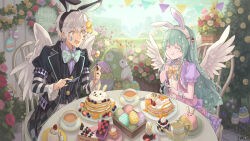 Rule 34 | 1boy, 1girl, animal ears, aqua bow, aqua hair, black vest, bow, cake, cake slice, chair, closed eyes, copyright name, cup, dairoku ryouhei, day, eating, egg, fake animal ears, feathered wings, flower, food, fork, hand on own cheek, hand on own face, happy easter, highres, holding, holding fork, holding knife, knife, long hair, orange eyes, outdoors, pancake, polka dot bowtie, rabbit, rabbit ears, short sleeves, sitting, string of flags, striped clothes, striped sleeves, striped vest, syrup, table, teacup, teapot, til roeve, tsukioka keru, vest, white hair, white wings, white wristband, wings
