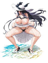 1girl bikini bikini_top_lift black_bikini black_hair breasts clothes_lift dress dress_lift hair_over_eyes hat highres huge_breasts lilith-soft long_hair nipples peeing peeing_self shinonome_yahiro solo sun_hat swimsuit taimanin_(series) taimanin_rpgx tongue tongue_out wet wet_clothes white_dress zol