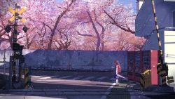 Rule 34 | 1girl, anyotete, bag, blue skirt, blue sky, brown hair, building, byousoku 5 centimeter, chain-link fence, character request, cherry blossoms, commentary request, crosswalk, falling petals, fence, from side, full body, highres, holding, holding umbrella, house, kneehighs, layered shirt, medium hair, outdoors, pavement, pedestrian lights, petals, pink shirt, power lines, railing, railroad crossing, railroad signal, railroad tracks, road, road sign, scenery, school bag, shadow, shirt, shoes, sidewalk, sign, skirt, sky, socks, solo, stairs, standing, street, traffic light, tree, umbrella, vending machine, wall, white socks, wide shot
