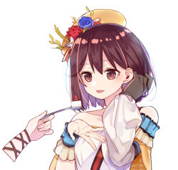 Rule 34 | 1girl, asymmetrical sleeves, atelier (series), atelier sophie, bare shoulders, beret, blue flower, blue rose, blush, breasts, brown eyes, brown gloves, brown hair, collarbone, commentary request, fang, feeding, flower, food, gloves, hair between eyes, hair flower, hair ornament, hand up, hat, holding, holding spoon, long sleeves, out of frame, parted lips, puffy long sleeves, puffy sleeves, red flower, rose, ryuuno6, shirt, short hair, simple background, small breasts, solo focus, sophie neuenmuller, spoon, uneven sleeves, white background, white flower, white shirt, yellow hat