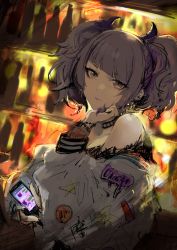Rule 34 | 1girl, absurdres, bad id, bad twitter id, bare shoulders, black choker, blurry, blurry background, cellphone, choker, closed mouth, commentary request, diagonal bangs, earrings, highres, holding, holding own hair, holding phone, idolmaster, idolmaster shiny colors, jacket, jewelry, lipstick, looking at viewer, makeup, mmmkawaine, off shoulder, phone, purple eyes, purple hair, purple lips, short twintails, smartphone, solo, spiked choker, spikes, tanaka mamimi, twintails
