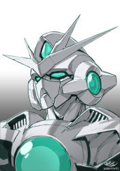 Rule 34 | 00 qan[t], absurdres, anniversary, close-up, commentary, dated, ebikawa kanetake, els, gradient background, green eyes, grey background, gundam, gundam 00, gundam 00 a wakening of the trailblazer, highres, mecha, no humans, official art, robot, signature, solo, spot color, v-fin, white background