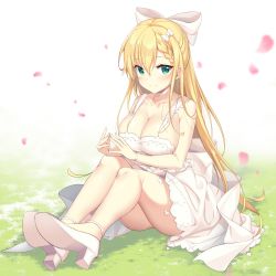 Rule 34 | 1girl, absurdres, ass, azur lane, bare arms, blonde hair, blush, bow, breasts, cleavage, closed mouth, collarbone, dress, forbin (azur lane), green eyes, hair bow, high heels, highres, icomochi, large breasts, long hair, looking at viewer, petals, shoe soles, shoes, sidelocks, sitting, smile, solo, thick thighs, thighs, very long hair, white bow, white dress, white footwear, wristband