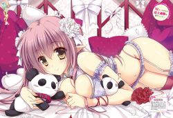 Rule 34 | 1girl, bed, bow, breasts squeezed together, breasts, brown eyes, choker, cleavage, collar, elf, flower, frilled panties, frills, garter straps, hair flower, hair ornament, highres, kawai maria, large breasts, lying, navel, on side, on stomach, panties, pink hair, pointy ears, smile, solo, stuffed animal, stuffed panda, stuffed toy, underwear, white panties