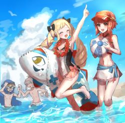 Rule 34 | 2boys, 2girls, alternate costume, arm up, armpits, ball, bare shoulders, barefoot, beach, beachball, blonde hair, blue sky, bow, closed eyes, cloud, drill hair, elise (fire emblem), elise (summer) (fire emblem), fire emblem, fire emblem fates, flower, flower necklace, grey hair, hair bow, highres, holding, holding ball, holding beachball, index finger raised, inflatable toy, jewelry, leg up, lei, leo (fire emblem), leo (summer) (fire emblem), leon0630claude, lilith (fire emblem), multicolored hair, multiple boys, multiple girls, necklace, nintendo, official alternate costume, open mouth, pink eyes, pink hair, purple hair, sakura (fire emblem), sky, swimsuit, takumi (fire emblem), twin drills, twintails, two-tone hair, visor cap, water