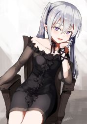 Rule 34 | 1girl, bare shoulders, black dress, breasts, chair, collarbone, commentary request, dated, dress, fangs, head rest, highres, long hair, looking at viewer, nosuku, original, pointy ears, purple eyes, short dress, silver hair, sitting, small breasts, solo, strapless, strapless dress, twintails