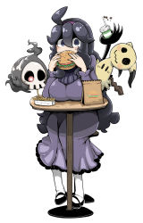 Rule 34 | 1girl, @ @, ahoge, alternate breast size, animal ears, bag, black eyes, black footwear, blush, breasts, burger, chair, coffee, creatures (company), cup, dress, drink, drinking straw, duskull, eating, female focus, food, fries, full body, game freak, gen 3 pokemon, gen 7 pokemon, ghost, hairband, hands up, hex maniac (pokemon), highres, holding, large breasts, long hair, long sleeves, looking at viewer, matching hair/eyes, messy hair, mimikyu, nintendo, npc trainer, pokemon, pokemon (creature), pokemon xy, purple dress, purple eyes, purple hair, red eyes, shoes, simple background, sitting, solo focus, stool, sweat, table, tail, tazonotanbo, white background, white legwear