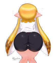 Rule 34 | 1girl, ass, ass focus, bike shorts, blonde hair, blush, busujima funya, cameltoe, embarrassed, female focus, flying sweatdrops, from behind, gluteal fold, highres, inkling, inkling girl, inkling player character, leaning, leaning forward, long hair, nintendo, pantylines, pointy ears, shiny skin, short shorts, shorts, sidelocks, simple background, skin tight, solo, splatoon (series), squid girl, tentacle hair, twintails, twitter username