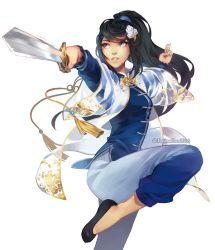 Rule 34 | 1girl, 2016, amber (fanime), black hair, blue eyes, chinese clothes, commentary, english commentary, fanime, fighting stance, finni chang, flats, flower, hair flower, hair ornament, image sample, mascot, pants, scrunchie, see-through, standing, standing on one leg, sword, transparent background, tumblr sample, weapon
