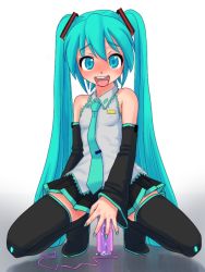 Rule 34 | 1girl, aqua eyes, aqua hair, blush, boots, clothed masturbation, covering privates, covering crotch, detached sleeves, dildo, dildo riding, female masturbation, flat chest, hatsune miku, long hair, masturbation, nail polish, necktie, o-minato, open mouth, pussy juice, sex toy, skirt, solo, squatting, thigh boots, thighhighs, twintails, very long hair, vibrator, vocaloid, zettai ryouiki
