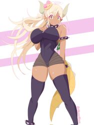 1girl alternate_costume amano_nene_(vtuber) amano_nene_(vtuber)_(pajama) armlet black_dress black_leotard black_thighhighs blonde_hair bowsette bowsette_(cosplay) breasts commentary cosplay curvy dark-skinned_female dark_skin dragon_girl dragon_horns dragon_tail dress embarrassed erikuukun feet_out_of_frame hands_on_own_chest highres hololive hololive_english horns jewelry large_breasts legs_apart leotard limiter_(tsukumo_sana) long_hair looking_at_viewer open_mouth ponytail see-through_clothes see-through_skirt sharp_teeth short_dress skindentation skirt solo spiked_armlet strapless strapless_dress strapless_leotard super_crown tail teeth thigh_gap thighhighs tsukumo_sana very_long_hair virtual_youtuber yellow_eyes