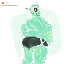 Rule 34 | 1boy, ass, bara, big belly, colored skin, dolphin shorts, doug (monster prom), fat, fat man, feet out of frame, from side, green skin, green theme, highres, looking at viewer, male focus, micro shorts, monster boy, monster prom, nifast (greentail), notice lines, object through head, pectorals, see-through, short shorts, shorts, slime boy, solo, standing, sweat, sword in head, tareme, topless male
