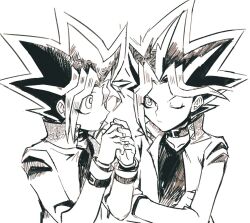 Rule 34 | 2boys, collar, crossed arms, greyscale, highres, jacket, looking at another, monochrome, multiple boys, one eye closed, spiked hair, tok nuts, upper body, white background, yami yugi, yu-gi-oh!