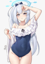 Rule 34 | 1girl, absurdres, arm up, artist name, blue archive, blue one-piece swimsuit, blush, bow, collarbone, covered navel, frilled one-piece swimsuit, frills, gluteal fold, grey hair, groin, hair bow, halo, highres, long hair, looking at viewer, miyako (blue archive), miyako (swimsuit) (blue archive), official alternate costume, one-piece swimsuit, ponytail, signature, simple background, solo, swimsuit, thigh gap, towel, towel on arm, van.elv, very long hair, white background, white towel