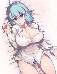 Rule 34 | :o, bed sheet, blue eyes, blue hair, breasts, cleavage, commentary request, heterochromia, large breasts, long sleeves, looking at viewer, lying, no bra, no pants, on back, on bed, otoufu (wddkq314band), panties, red eyes, shirt, short hair, solo, striped clothes, striped panties, tatara kogasa, touhou, unbuttoned, unbuttoned shirt, underwear, white shirt