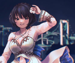 Rule 34 | 1girl, alternate hairstyle, artist name, artist request, asaka karin, back bow, bare shoulders, blue eyes, blue hair, blue wings, blurry, blurry background, blush, bow, braid, breasts, bridge, butterfly wings, cleavage, collarbone, criss-cross halter, crown braid, dark blue hair, dress, earrings, female focus, floral print, flower, frilled dress, frilled skirt, frills, gold trim, hair flower, hair ornament, halterneck, highres, holding, holding flower, insect wings, jewelry, long sleeves, looking at viewer, love live!, love live! nijigasaki high school idol club, love live! school idol festival, love live! school idol festival all stars, medium breasts, miniskirt, mole, mole on body, mole on breast, night, night sky, outdoors, parted lips, pearl earrings, plaid, plaid dress, pleated, pleated dress, pleated skirt, ribbon, short hair, shorts, shorts under skirt, signs of spring (love live!), skirt, sky, smile, solo, teeth, white bow, white dress, white flower, white ribbon, white shorts, white skirt, wings