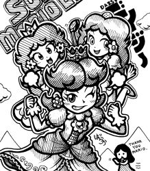 Rule 34 | 4girls, crown, dress, earrings, flower earrings, gem, gloves, golf club, grin, highres, jewelry, long hair, looking at viewer, mario (series), mario golf, mario party, multiple girls, multiple persona, nintendo, open mouth, princess daisy, puffy short sleeves, puffy sleeves, retro artstyle, short hair, short sleeves, smile, super mario land, tomboy, wink