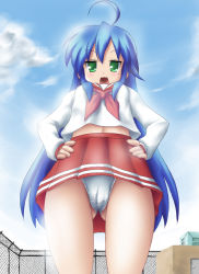 Rule 34 | 00s, :3, :d, ahoge, artist request, blue hair, cameltoe, cloud, fence, from below, gluteal fold, green eyes, hands on own hips, izumi konata, long hair, looking down, lucky star, mole, navel, open mouth, panties, sky, smile, underwear, upskirt, very long hair, white panties