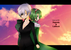 Rule 34 | 10s, 1boy, 1girl, age difference, akame ga kill!, black suit, breasts, character name, closed mouth, collarbone, couple, eyelashes, eyepatch, closed eyes, formal, goggles, goggles on head, green eyes, green hair, hand grab, height difference, jacket, large breasts, looking at another, lubbock, mechanical arms, najenda, office lady, prosthesis, prosthetic arm, short hair, silver hair, single mechanical arm, size difference, sky, smile, square enix, standing, suit, sunset, tomboy