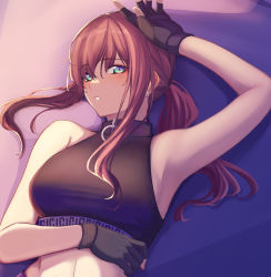 Rule 34 | 1girl, 3 small spiders, absurdres, ar-57 (girls&#039; frontline), black gloves, black tank top, blue eyes, blush, breasts, crop top, earrings, eye piercing, female focus, fingerless gloves, girls&#039; frontline, gloves, hair between eyes, hair ornament, hand on own head, hand on own stomach, highres, jewelry, long hair, looking at viewer, lying, medium breasts, on back, open mouth, pink hair, simple background, solo, tank top, upper body