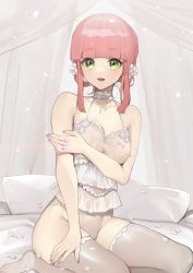 Rule 34 | 1girl, arigatai watashi, bed, bed sheet, blunt bangs, camisole, canopy bed, choker, commentary request, covered erect nipples, flower, green eyes, hair flower, hair ornament, halterneck, hand on own arm, indie virtual youtuber, jewelry, lingerie, looking at viewer, medium hair, navel, on bed, open mouth, panties, petals, pillow, ring, see-through, short hair, sidelocks, smile, solo, string panties, tan (inka), thigh gap, thighhighs, underwear, underwear only, virtual youtuber, wedding band, white choker, white panties, white thighhighs