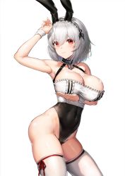 Rule 34 | 1girl, adapted costume, alternate hair color, animal ear hairband, animal ears, arm under breasts, arm up, armpits, azur lane, bare shoulders, black leotard, blush, breast lift, breasts, choker, cleavage, closed mouth, collarbone, covered navel, cowboy shot, fake animal ears, greem bang, grey hair, hair between eyes, hairband, highleg, highleg leotard, highres, lace-trimmed hairband, lace trim, large breasts, leotard, looking at viewer, rabbit ear hairband, rabbit ears, red eyes, ribbon-trimmed legwear, ribbon trim, shiny clothes, shiny skin, short hair, simple background, sirius (azur lane), skindentation, sleeveless, solo, thighhighs, white background, white hairband, white thighhighs, wrist cuffs