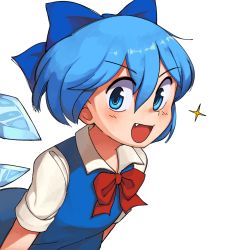 Rule 34 | 1girl, :d, blue bow, blue bowtie, blue eyes, blue hair, blue wings, bow, bowtie, cirno, detached wings, fang, flat chest, hair between eyes, highres, ice, ice wings, lakilolom, looking at viewer, open mouth, short hair, short sleeves, simple background, smile, solo, sparkle, touhou, upper body, white background, wings