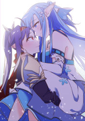 Rule 34 | 2girls, absurdres, asuna (sao), asuna (sao-alo), blue eyes, blue hair, blush, detached sleeves, dutch angle, forehead-to-forehead, from side, heads together, high ponytail, highres, long hair, multiple girls, neosight, pointy ears, purple hair, red eyes, sidelocks, smile, sword art online, white background, yuri, yuuki (sao)