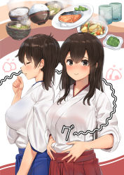 Rule 34 | 2girls, akagi (kancolle), bad id, bad pixiv id, black hair, blue hakama, blush, bowl, brown eyes, chopsticks, closed eyes, commentary request, food, glass, hakama, hakama short skirt, hakama skirt, hand to own mouth, hands on own stomach, highres, hungry, imagining, japanese clothes, kaga (kancolle), kantai collection, long hair, multiple girls, osananajimi neko, red hakama, revision, rice, rice bowl, salmon, side ponytail, simple background, skirt, spoken food, stomach growling, straight hair, thought bubble, upper body, white background