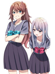 Rule 34 | 2girls, anger vein, aqua bow, aqua bowtie, aqua eyes, arms behind back, bow, bowtie, brown hair, crossed arms, dress, grey eyes, grey hair, grey sailor collar, grimace, height difference, highres, long hair, looking at another, multiple girls, naughty face, open mouth, original, purple dress, purple serafuku, red bow, red bowtie, sailor collar, school uniform, serafuku, smile, tottoto tomekichi, very long hair, white background, yuri