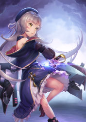 Rule 34 | 1girl, azur lane, bad id, bad pixiv id, bare shoulders, beret, blue dress, blue hat, blue jacket, brown eyes, brown footwear, cannon, cloud, cloudy sky, commentary request, cross, dress, glowing, hair ornament, hat, high heels, highres, holding, holding sword, holding weapon, iron cross, jacket, light brown hair, long hair, long sleeves, looking away, machinery, mole, mole under eye, momoto, parted lips, sheath, sky, solo, standing, standing on one leg, sword, turret, unsheathing, very long hair, weapon, z46 (azur lane)