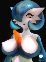 Rule 34 | 1girl, alternate color, ars lycorys, artist name, black background, blue hair, blue skin, bob cut, breasts, colored skin, creatures (company), female focus, game freak, gardevoir, gen 3 pokemon, hair over one eye, highres, large breasts, looking at viewer, multicolored skin, nintendo, nipples, one eye covered, open mouth, orange eyes, pokemon, pokemon (creature), shiny pokemon, short hair, simple background, solo, standing, teeth, two-tone skin, upper body, watermark, white skin