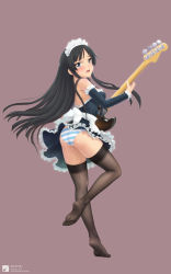Rule 34 | 1girl, akiyama mio, alternate costume, apron, ass, bass guitar, black eyes, black hair, blush, breasts, cleavage, covered erect nipples, cum, dress, enmaided, feet, ffyak, highres, instrument, k-on!, legs, long hair, looking back, maid, maid apron, medium breasts, panties, pussy juice, soles, solo, striped clothes, striped panties, sweat, tears, thighhighs, tiptoes, toe scrunch, toes, underwear, upskirt